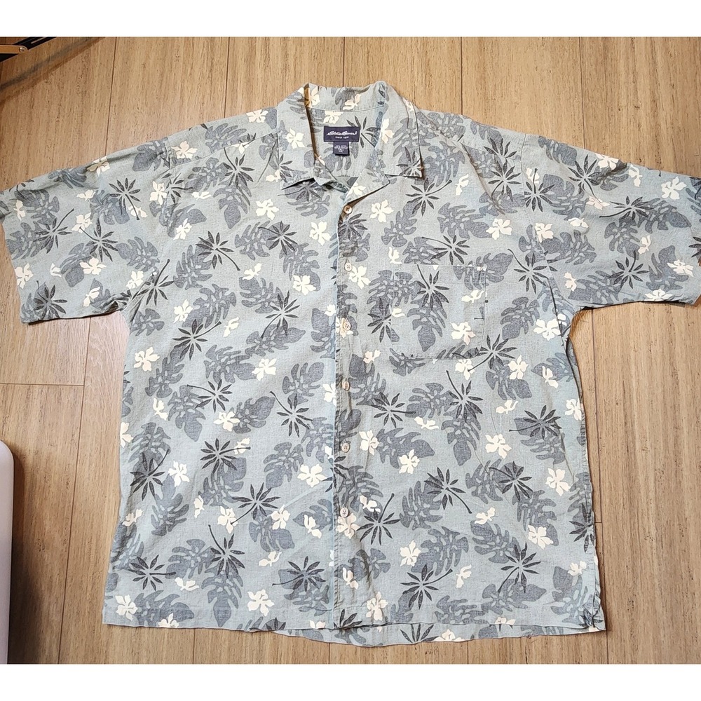 Mens Eddie Bauer Camp Shirt  Short Sleeve Button Up Army Green Tropical XXL Tall